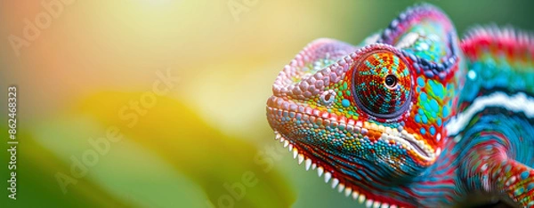 Obraz Closeup of a captivating and mesmerizing chameleon lizard with vibrant colorful and intricate textured skin and patterns