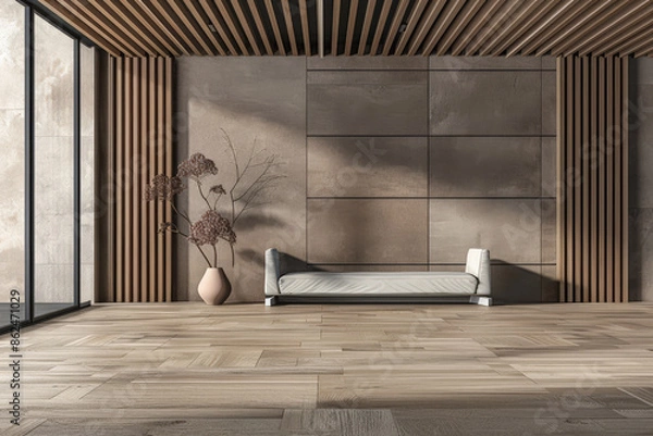 Fototapeta Minimalist apartment interiors in earthy tones with beige panels and minimal furniture. Luxury residential Real Estate composition for advertising.