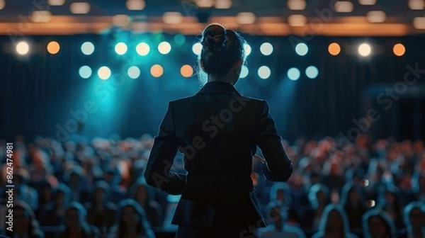 Fototapeta Businesswoman motivational speaker standing on stage in front of an audience for a speech at conference or business event