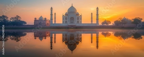 Fototapeta Taj Mahal at sunrise, soft golden light, perfect reflection in water, tranquil scene, watercolor effect, ethereal style