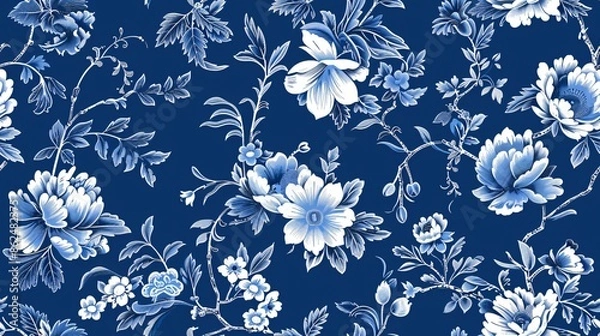 Fototapeta Elegant blue toile pattern with intricate floral Chinoiserie details, ideal for print designs.