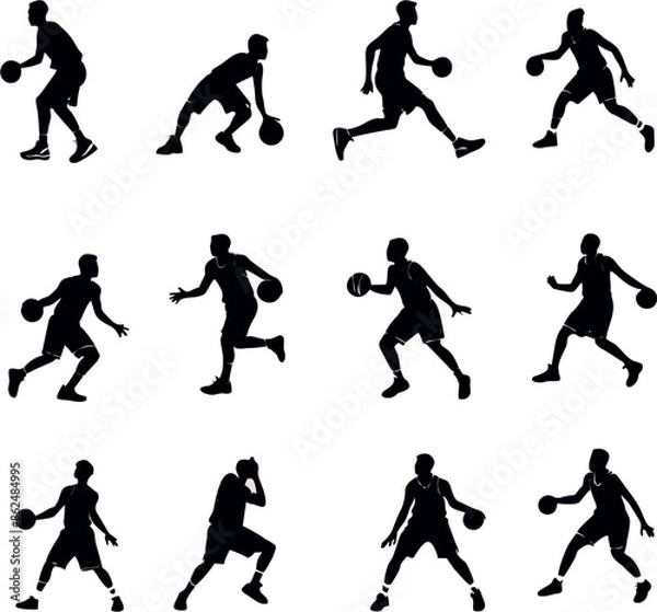 Fototapeta collection of silhouettes of basketball players in dynamic and spectacular poses