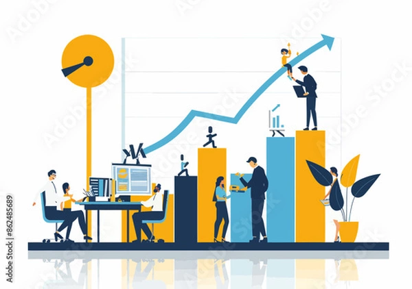 Fototapeta Business Team Collaboration and Growth: Minimalistic Vector Illustration of Employees Working Together in Office Setting with Growing Chart, Reflecting Success and Productivity