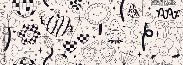 Fototapeta Seamless vector banner with naive retro doodles in black color. Cute pattern with line flowers, hearts, strawberry, smiling faces. Abstract groovy and 70s disco party outline drawings on background