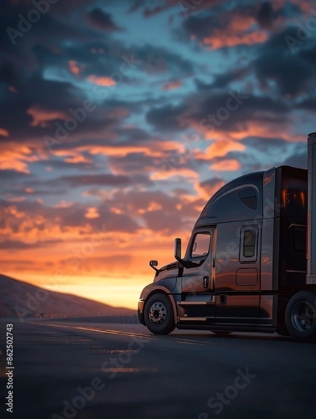 Fototapeta A powerful semi-truck speeds down the open road, its sleek design and chrome accents gleaming in the sunlight