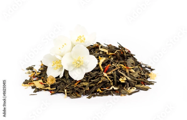 Fototapeta bunch of green tea leaves with jasmine. On a white background.