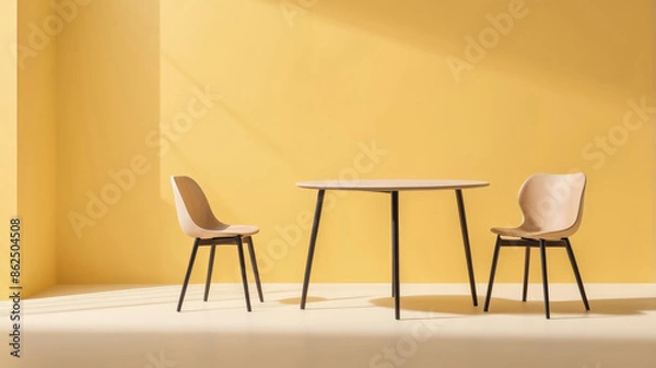 Fototapeta Chair table. Minimal style Two chair and table on yellow background. Simple Furniture style.