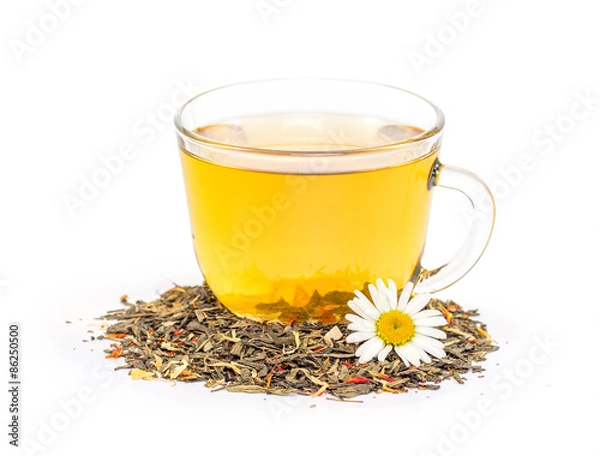 Fototapeta isolated transparent cup of tea with camomile flower. 