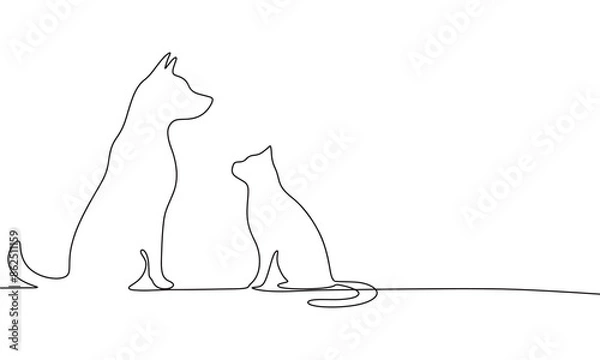 Fototapeta Dog and cat one line continuous. Line art Dog and Cat silhouette. Hand drawn vector art.