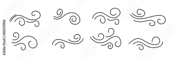 Fototapeta Wind doodle line shape set air wind flow spiral curve hand drawn doodle element cartoon speed wave. Vector illustration on white background in eps 10.