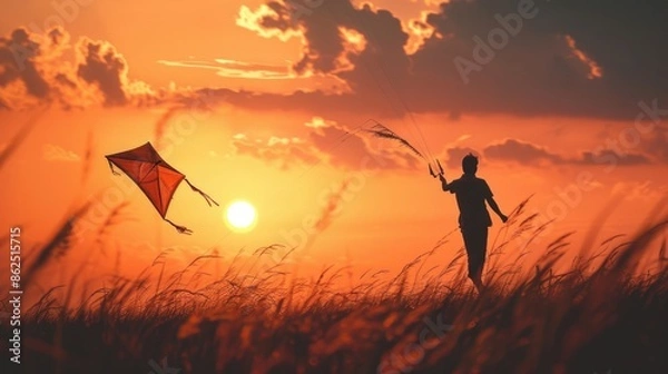 Fototapeta Silhouette of a man with a kite at sunset