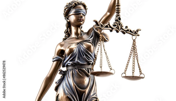 Fototapeta Statue of Lady Justice isolated on white, low angle view. Symbol of fair treatment under law
