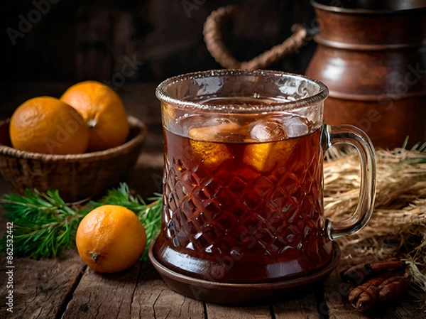 Fototapeta An image of a traditional Russian kvass, a fermented bread drink, served in a rustic mug.