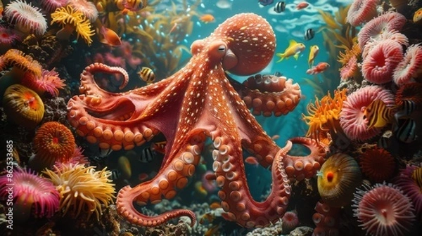 Fototapeta Octopus in an aquarium with corals and other sea life