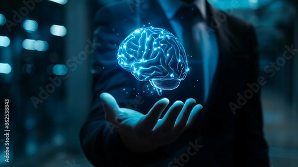 Fototapeta Man holds a holographic brain with glowing powers at night.