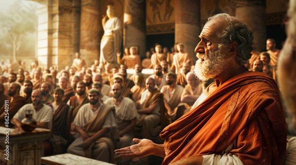 Fototapeta Ancient philosophers speaking to audience in a historical setting