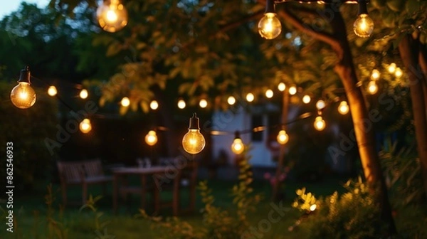 Fototapeta Elegant Garden String Lights Hanging in a Backyard for Summer Party Decoration. Warm Light Bulbs Create Vintage Outdoor Ambiance for Wedding or Festival Celebration on a Natural Background. 