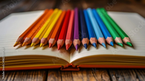 Fototapeta Colorful pencils arranged on an open notebook.