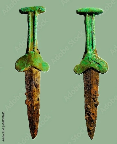 Fototapeta Akinak, Scythian short sword, dagger with a bronze hilt covered with a noble green patina of the early Iron Age on a light green isolated background.