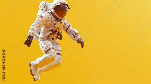 Fototapeta Man wearing an astronaut suit, rudder and device floats and jumps on a bright yellow studio background.