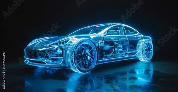 Fototapeta A neon blue holographic projection of an electric sports car wire model, showcasing intricate details against a black background, highlighting advanced automotive technology