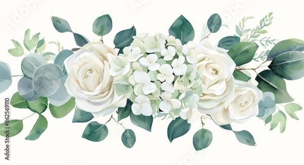 Fototapeta A watercolor illustration of flowers. A branch of flowers - abstract pink roses. A botanical composition for a wedding card or greeting card.