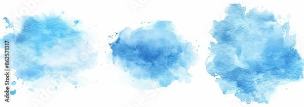 Fototapeta The picture features a blue watercolor cloud pattern on a white background. Cyan watercolor water brash splash texture. Set of modern pastel colors paint stain.