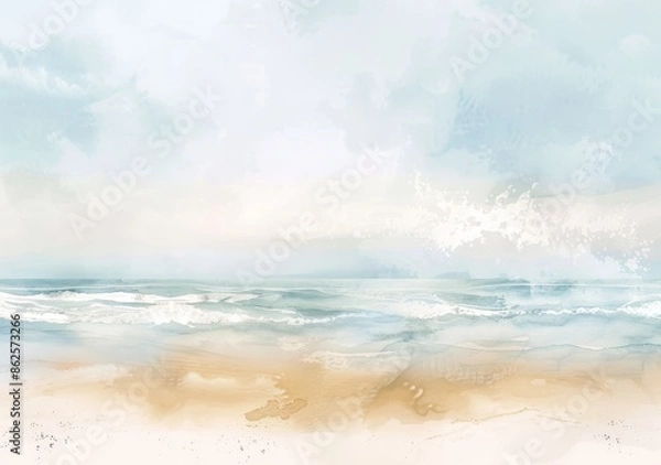 Fototapeta Watercolor painting of blue waves on sandy beach background. Summer blue sea and beach background for banners, invitations, posters, and web designs.