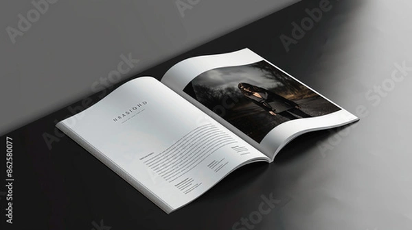 Obraz a mockup of an open fashion magazine on a glossy black table. The visible page showcase a high-fashion clothing advertisement with a clean, minimalist layout