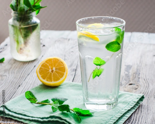 Fototapeta lemonade with ice, lemon slices and fresh mint in a glass