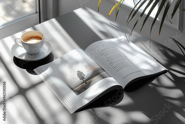 Obraz cup of coffee and open magazine, on the table, shadows from the window fall beautifully on the table and on the magazine