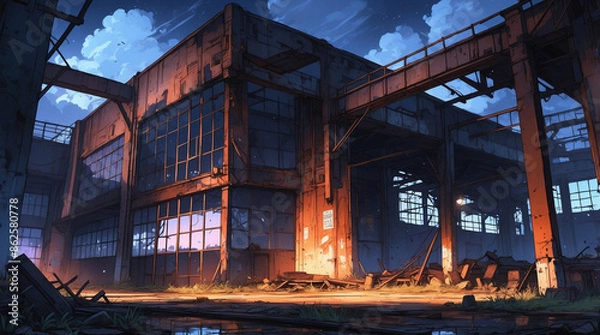 Fototapeta Abandoned Warehouse: Rusted metal structures, broken windows, graffiti, and scattered debris. Ideal for action sequences, hideouts, or mysterious encounters.