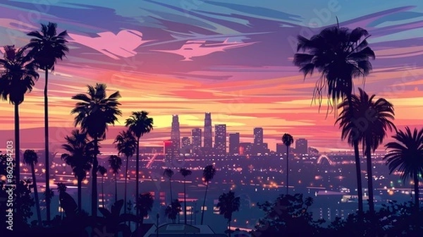 Fototapeta serene sunset view of palm trees and buildings