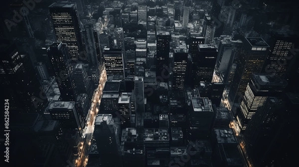 Obraz Urban landscape with golden night lights of streets, panoramic background of skyscrapers of the city, aerial view