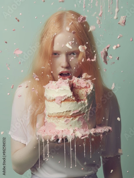 Fototapeta Girl holding a messy cake with splashes around her face.