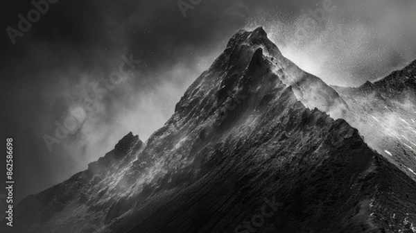 Fototapeta Otherworldly Black and White Surreal Landscape with Dutch Angle Mountain and Dramatic Lighting, Textured Patterns, and Sparks