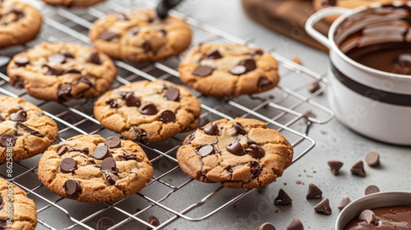 Fototapeta Homemade chocolate chip cookies freshly baked and cooling on a wire rack, accompanied by a pot of melted chocolate for dipping.