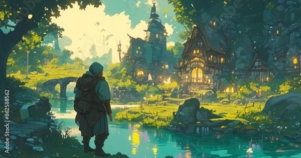 Fototapeta Lo-fi cartoon depicting a charming fantasy journey across mystical river lands.