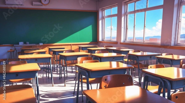 Fototapeta High School Classroom: Desks, chalkboard, large windows with a view of the schoolyard, and a clock on the wall. Perfect for everyday school life, interactions, and coming-of-age stories.