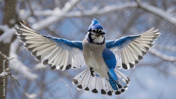 Fototapeta A blue jay with its wings spread wide is flying 