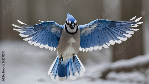 Fototapeta A blue jay with its wings spread wide is flying 