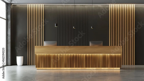 Fototapeta a modern reception desk made of light colored wood.