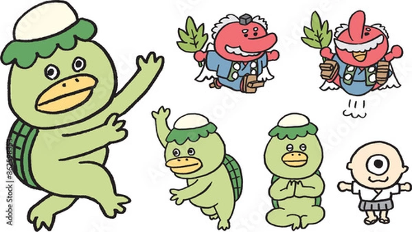 Fototapeta カッパや天狗のかわいい妖怪のキャラたち