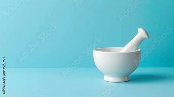 Obraz White pharmacy mortar and pestle on the blue background