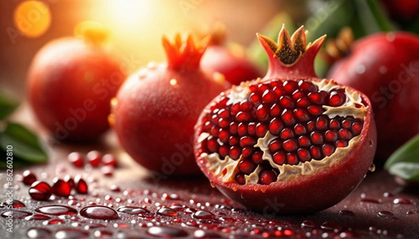 Fototapeta Wet pomegranate. Red pomegranate. Ripe pomegranate in water drops in the rain, close-up