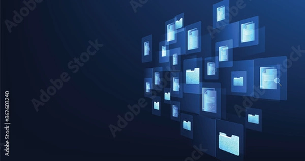Obraz Document management and digital document paperless operation concept. Document management and Data transfer through cloud technology with modern internet technology on the dark blue background.