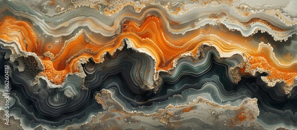 Fototapeta A series of abstract geological formations in shades of orange, grey, and black, showcasing intricate patterns and fluid wave-like structures. Perfect for artistic and geological themes