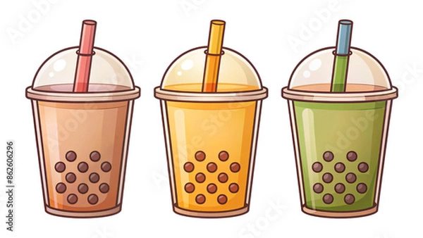 Fototapeta A collection of illustrated drinks, including a glass of bubble teas