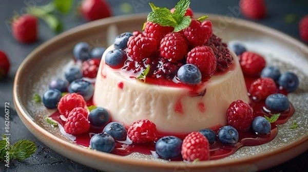 Fototapeta Delicious panna cotta topped with fresh blueberries and raspberries and drizzled with berry sauce.