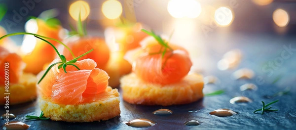 Fototapeta Canapes with smoked salmon and cornbread